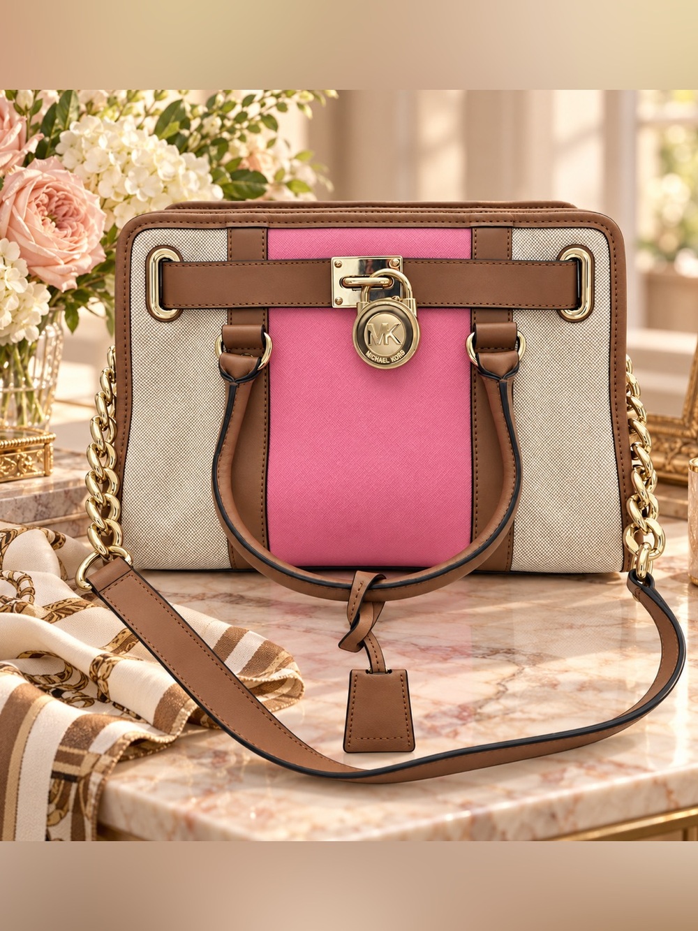 Michael Kors Hamilton Pink Center Stripe Canvas & Brown Leather Satchel Gold Hdw